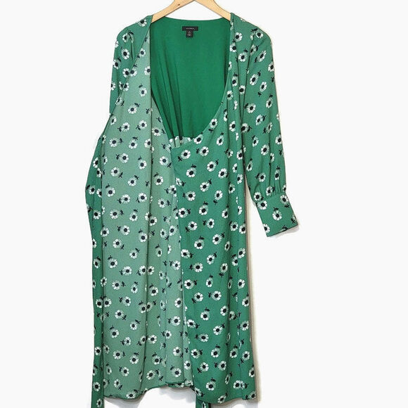 Halogen Green Floral Daisy Wrap Midi Dress V-Neck Long Sleeve Tie Waist XSP - Picture 1 of 16
